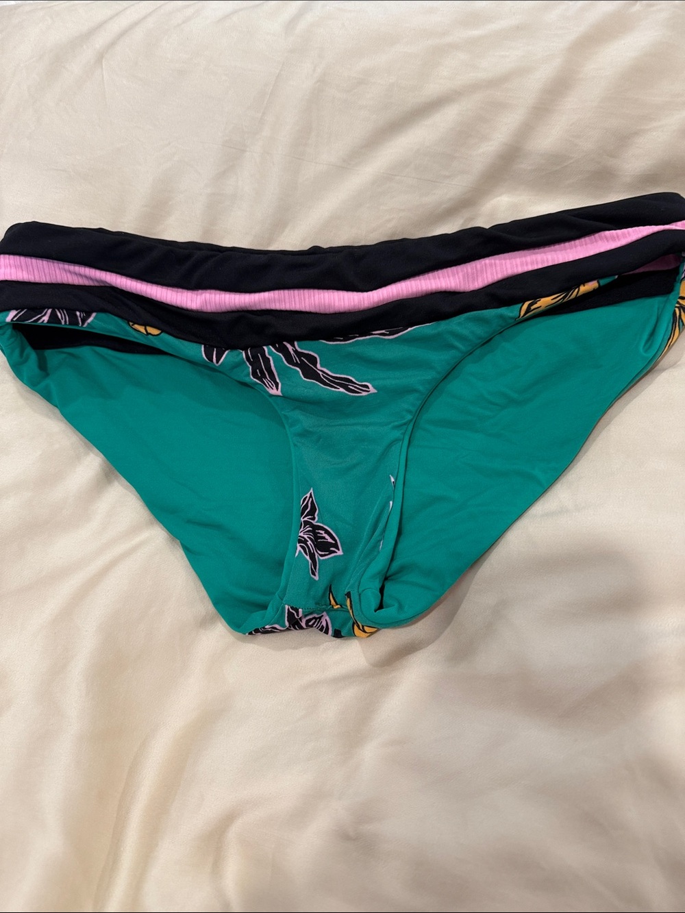 Maaji Kelly green Bikini Bottom with Black, Pink and Mustard Floral Print size S